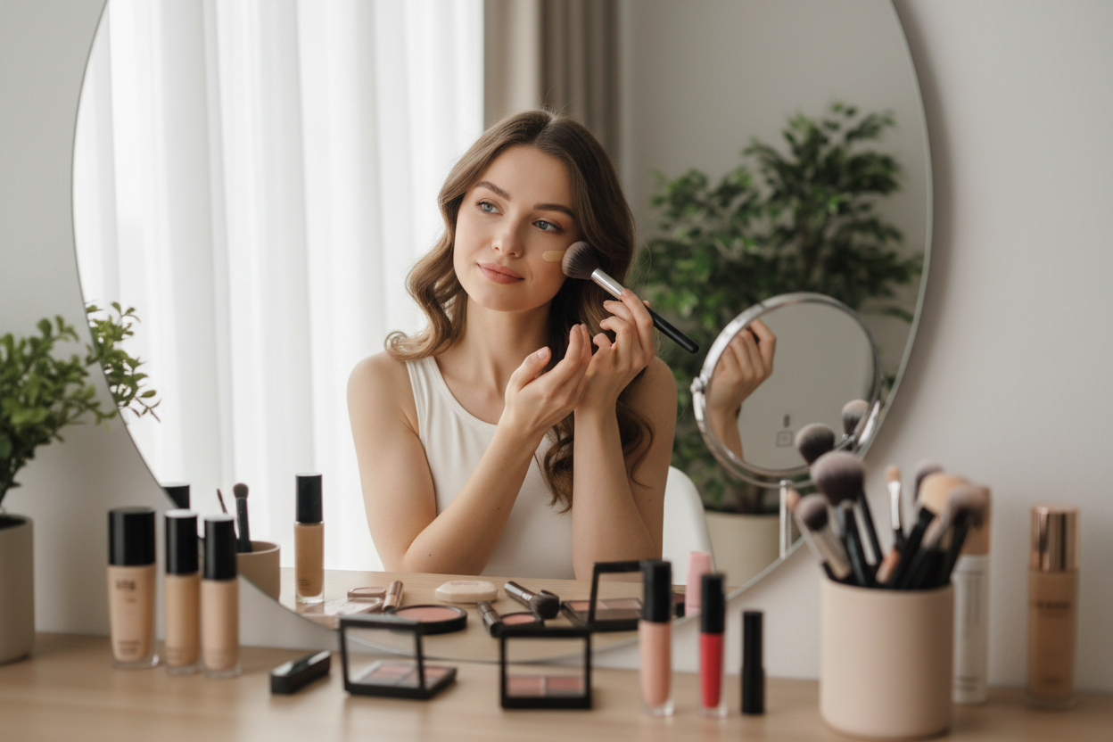 女生正在化妆的图片